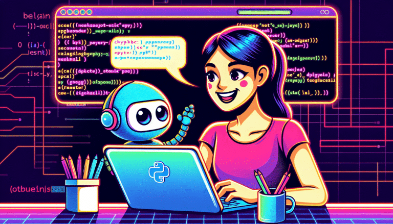 Illustration stylisée d'un développeur souriant travaillant sur un ordinateur portable, avec un petit robot amical regardant par-dessus son épaule et lui suggérant du code, le tout dans un style néon futuriste. Couleurs vives et ambiance positive. Afficher des lignes de code Python en arrière-plan.