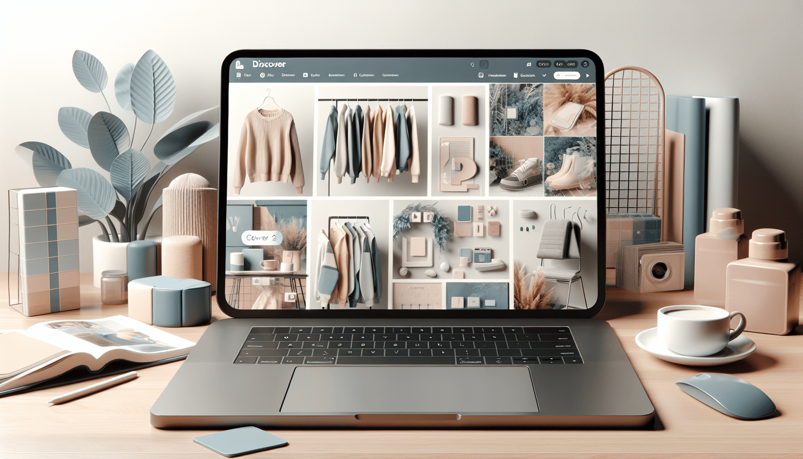Une petite boutique en ligne affichée sur un ordinateur portable, avec des images de produits (vêtements, accessoires) générées par DALL-E 2. Style épuré et moderne, couleurs pastel. L'écran de l'ordinateur est au premier plan, légèrement incliné. Flou artistique sur l'arrière-plan avec des plantes et une tasse de café. Résolution >1200px, format paysage adapté à Discover.