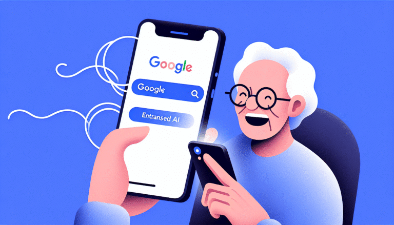 visuel Discover >1200px, une personne âgée souriante naviguant sur son smartphone, l'écran affichant des résultats de recherche Google enrichis par l'IA, des illustrations modernes et fluides autour d'elle symbolisant la simplicité et l'accès facile à l'information.