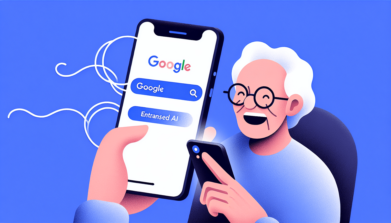 visuel Discover >1200px, une personne âgée souriante naviguant sur son smartphone, l'écran affichant des résultats de recherche Google enrichis par l'IA, des illustrations modernes et fluides autour d'elle symbolisant la simplicité et l'accès facile à l'information.