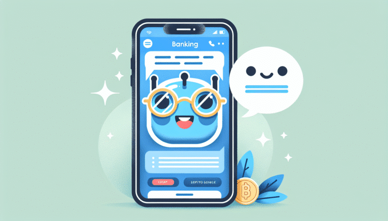 Un chatbot souriant sur un smartphone, affichant des informations bancaires claires et conviviales. Style illustration vectorielle moderne et colorée, avec une petite touche d'humour (ex: le chatbot porte des lunettes).