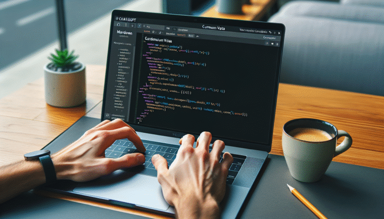 Une main tapant sur un clavier d'ordinateur portable avec ChatGPT ouvert affichant du code Markdown pour un CV, style lumineux et moderne, avec une tasse de café à côté pour une ambiance plus "vie réelle"