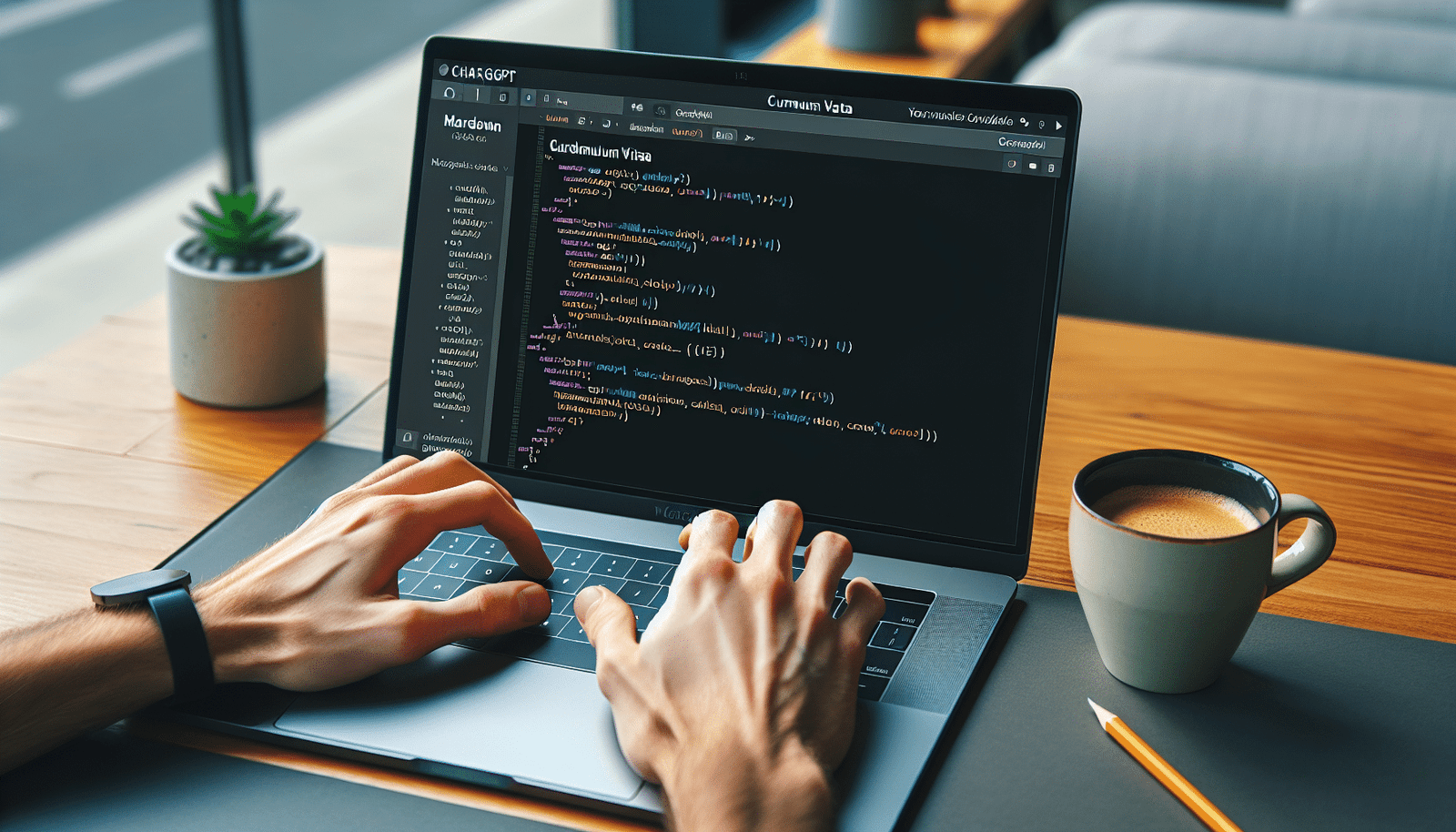 Une main tapant sur un clavier d'ordinateur portable avec ChatGPT ouvert affichant du code Markdown pour un CV, style lumineux et moderne, avec une tasse de café à côté pour une ambiance plus "vie réelle"