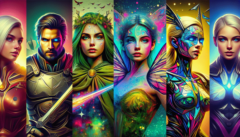 Un montage de 4 “magic avatars” de Lensa AI, style variés (héroïque, féerique, pop art, cyberpunk), couleurs vibrantes, haute résolution.