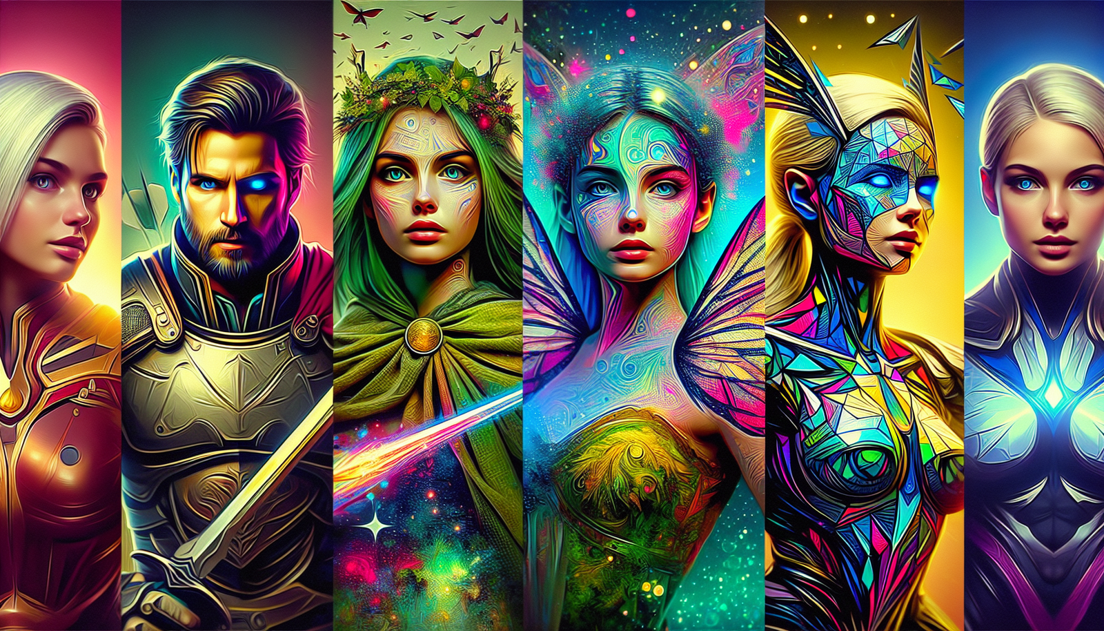 Un montage de 4 “magic avatars” de Lensa AI, style variés (héroïque, féerique, pop art, cyberpunk), couleurs vibrantes, haute résolution.