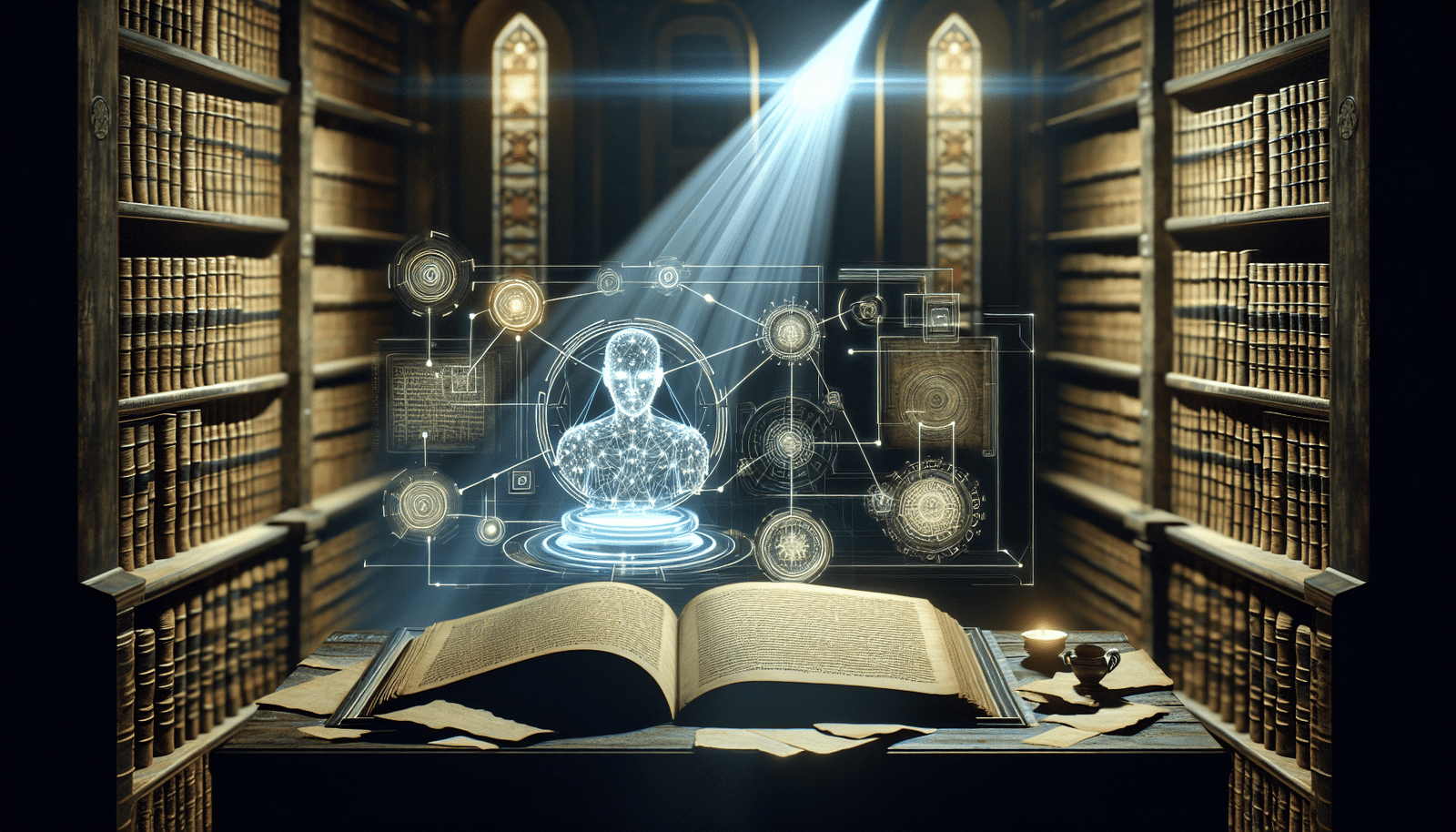 Une représentation visuelle stylisée d'une IA analysant d'anciens manuscrits et documents du Vatican. Ambiance mystérieuse et technologique, lumière tamisée et faisceaux lumineux sur les documents.