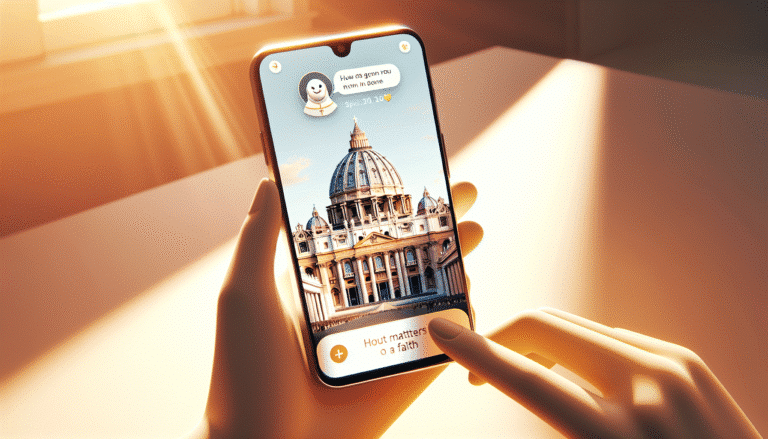 Un chatbot stylisé sur un smartphone, affichant une conversation amicale sur des questions de foi, avec la Basilique Saint-Pierre en arrière-plan, ambiance lumineuse et chaleureuse.