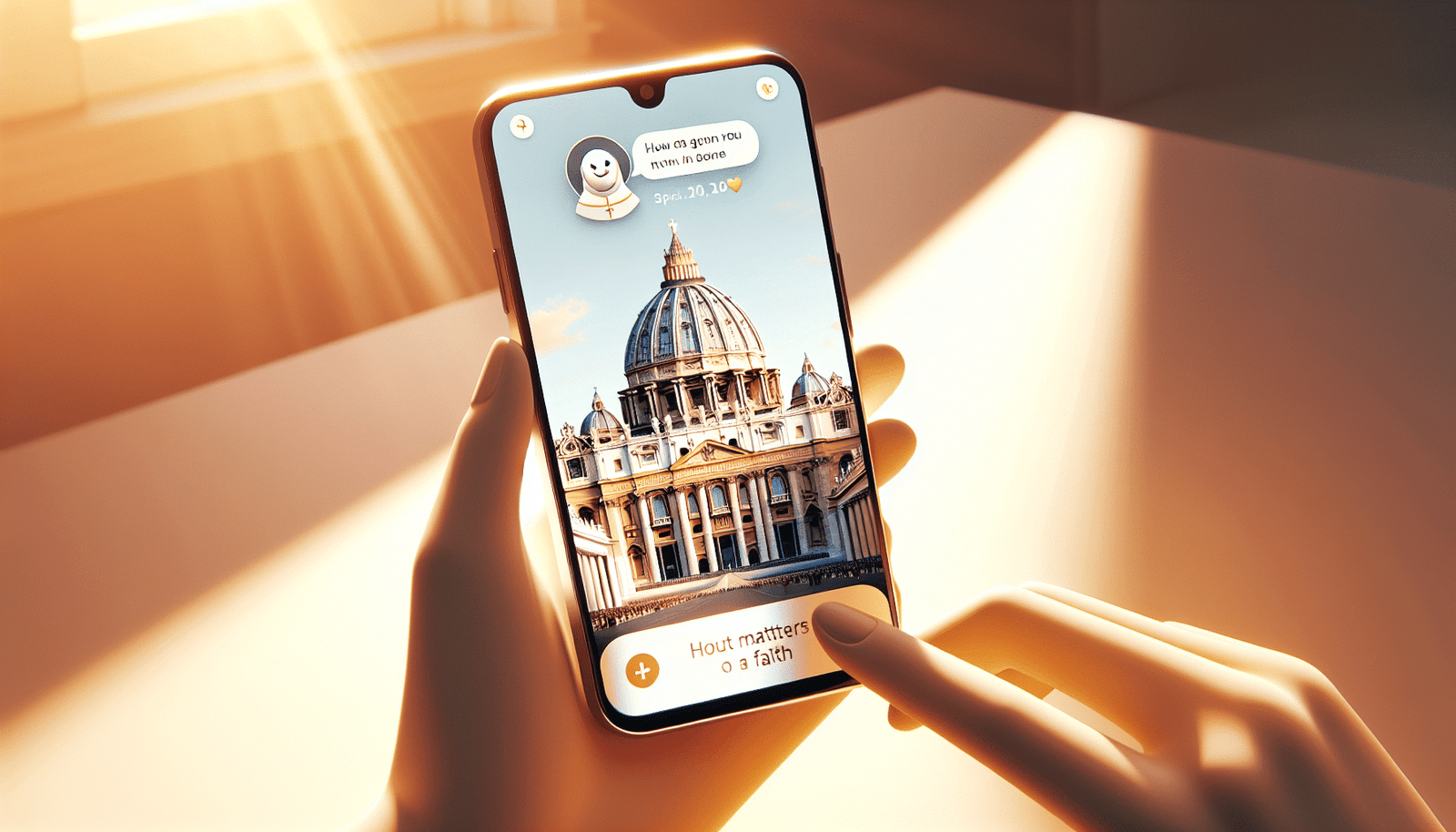 Un chatbot stylisé sur un smartphone, affichant une conversation amicale sur des questions de foi, avec la Basilique Saint-Pierre en arrière-plan, ambiance lumineuse et chaleureuse.