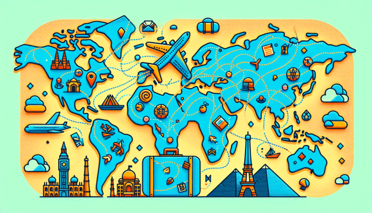 Une carte du monde stylisée avec des lignes pointillées représentant des itinéraires de voyage. Des icônes d'avion, de valise, de monuments célèbres (Tour Eiffel, Taj Mahal, Pyramides de Gizeh) sont dispersées sur la carte. Couleurs vives et ambiance joyeuse, style cartoon.