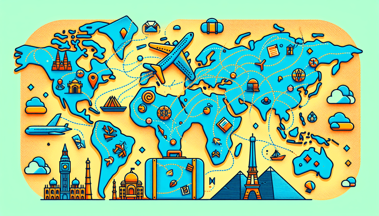 Une carte du monde stylisée avec des lignes pointillées représentant des itinéraires de voyage. Des icônes d'avion, de valise, de monuments célèbres (Tour Eiffel, Taj Mahal, Pyramides de Gizeh) sont dispersées sur la carte. Couleurs vives et ambiance joyeuse, style cartoon.
