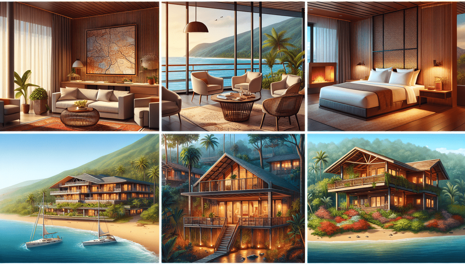 Un collage d'images montrant différents types d'hébergements : une chambre d'hôtel luxueuse avec vue sur la mer, un chalet cosy en montagne avec cheminée, un appartement moderne en ville avec terrasse, une cabane perchée dans les arbres en pleine jungle. Ambiance chaleureuse et invitante, style réaliste.