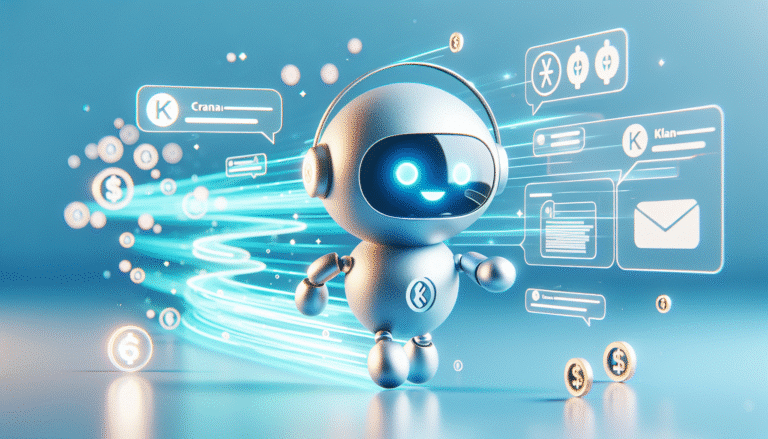 Un assistant virtuel stylisé et convivial, sous forme de bot chat, interagissant fluidement avec des bulles de texte représentant des transactions Klarna, dans un environnement lumineux et moderne, avec des symboles de rapidité et d'efficacité. Lumières douces et futuristes.
