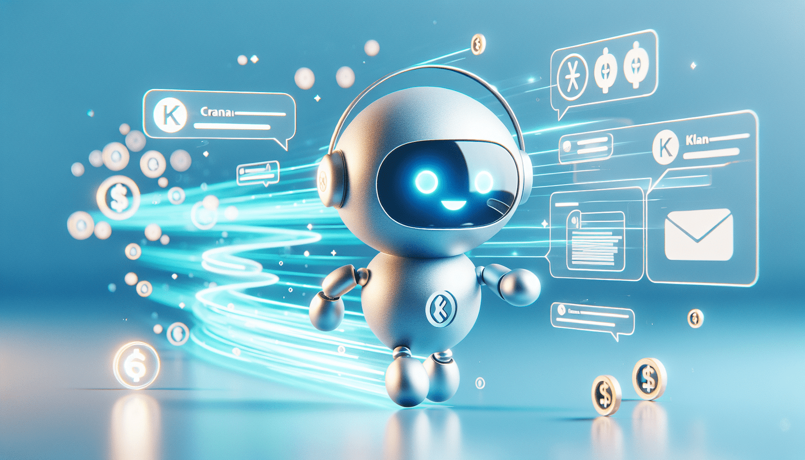 Un assistant virtuel stylisé et convivial, sous forme de bot chat, interagissant fluidement avec des bulles de texte représentant des transactions Klarna, dans un environnement lumineux et moderne, avec des symboles de rapidité et d'efficacité. Lumières douces et futuristes.