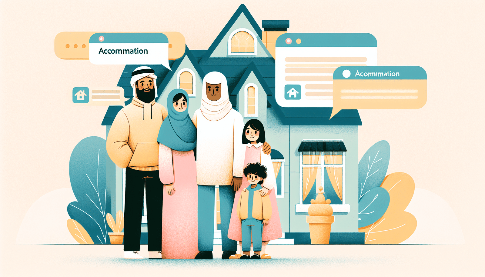 Illustration style Discover d'une famille heureuse devant une charmante maison d'hôtes.  En arrière-plan, une conversation ChatGPT affichant des suggestions d'hébergements. Ambiance chaleureuse et conviviale.  Couleurs pastel. Format >1200px.