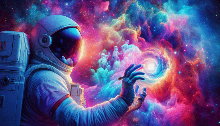 Une image futuriste et colorée générée par Midjourney, représentant un astronaute peignant une nébuleuse avec ses doigts. >1200px, style vibrant et onirique, version 5.2