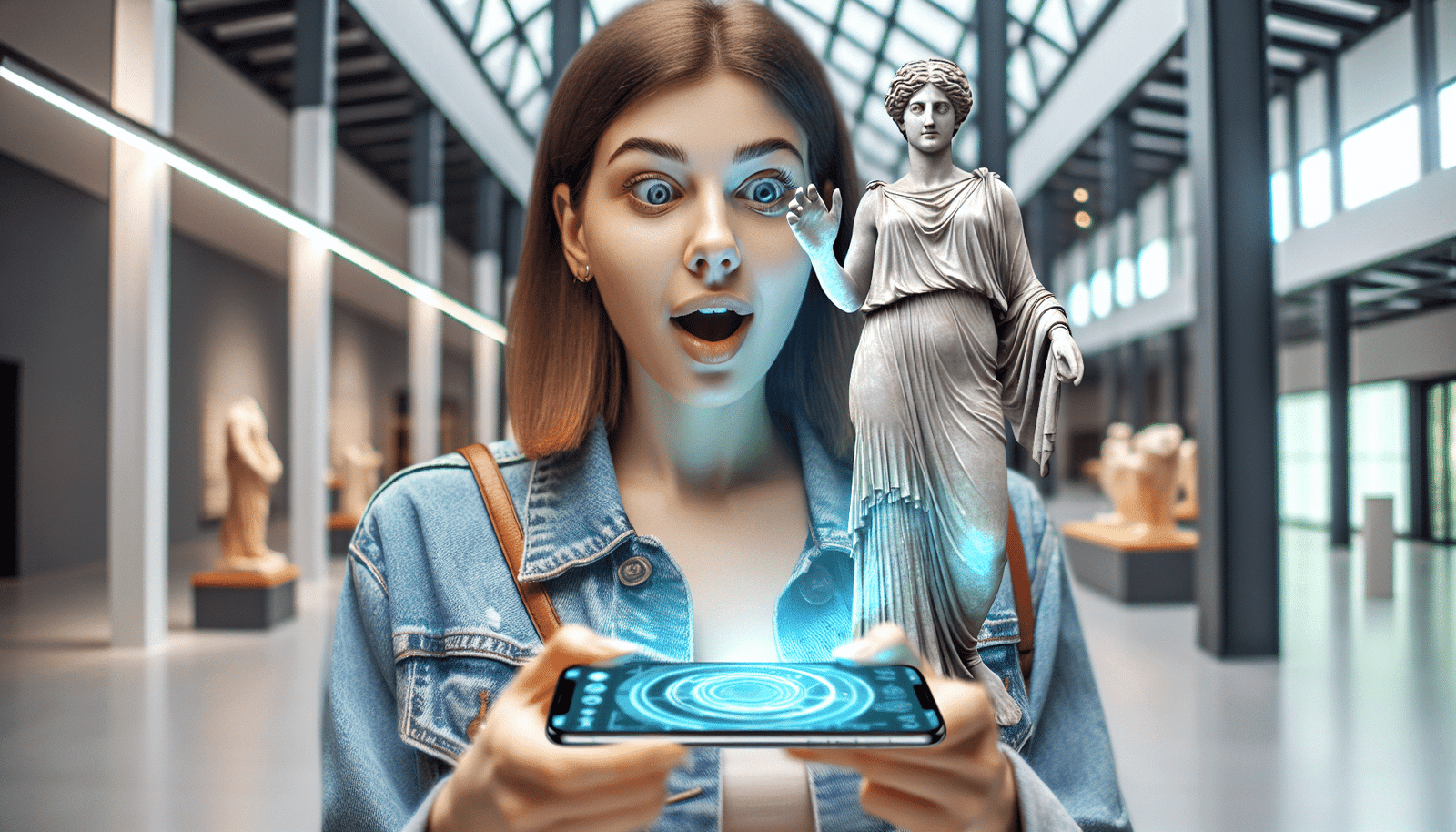 Une jeune femme aux yeux émerveillés, tenant un smartphone où l'écran affiche une reconstitution holographique d'une statue grecque antique qui semble interagir avec elle, dans une salle de musée moderne et lumineuse.