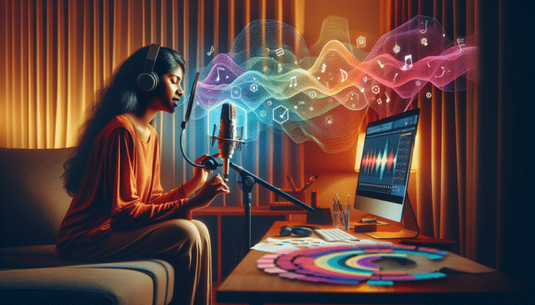 Une image stylisée et colorée pour Google Discover montrant une personne chantant dans un micro à la maison, avec des ondes sonores visuellement représentées se propageant et se séparant en différentes pistes (voix, instruments) grâce à une interface logicielle futuriste affichée sur un écran d'ordinateur. L'ambiance est chaleureuse et invite à la créativité. Ajouter des éléments visuels subtils qui évoquent l'IA, comme des réseaux neuronaux stylisés.