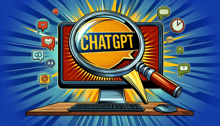 Loupe géante au-dessus d'un écran d'ordinateur affichant ChatGPT, style bande dessinée, couleurs vives et dynamiques, avec en arrière-plan des icônes de sites web de vérification des faits