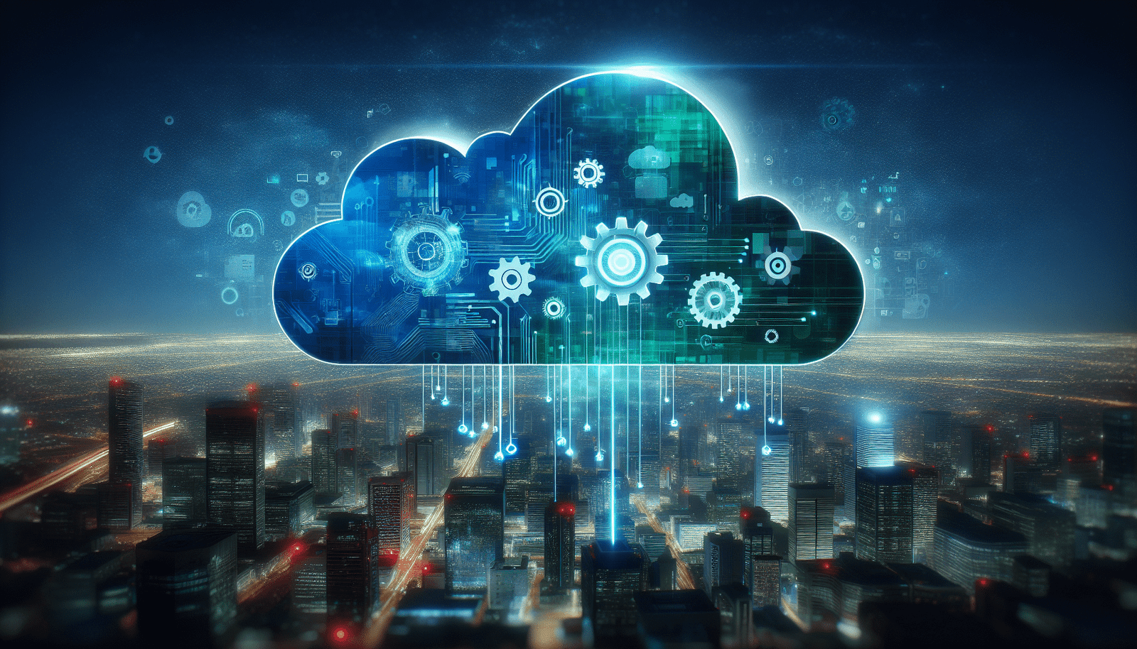 Nuage numérique aux teintes bleues et vertes, sur lequel se reflètent des symboles technologiques (engrenages, circuits imprimés) et le logo Microsoft, le tout flottant au-dessus d'une ville futuriste, symbolisant la puissance du cloud et la portée mondiale.