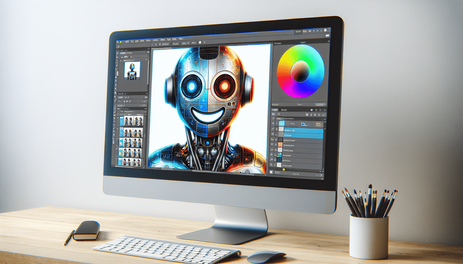 Un écran d'ordinateur affichant une interface de logiciel de retouche photo (style Photoshop) où une image générée par Midjourney (représentant un robot souriant) est en cours d'édition.  Des calques et des outils de sélection sont visibles. Résolution 1920x1080px, style photo réaliste et moderne.