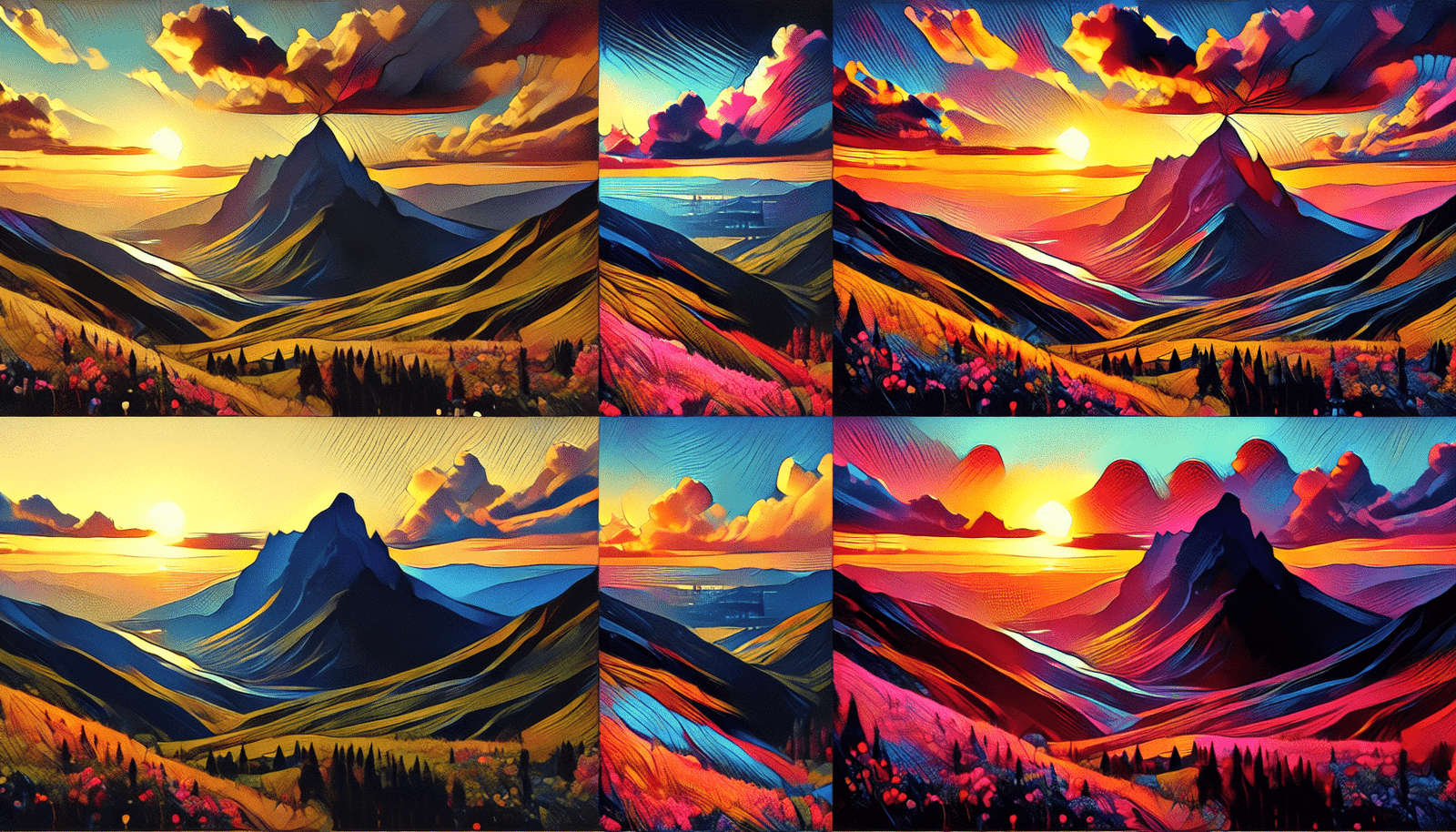 Une série de 4 variations d'une image de base représentant un paysage de montagne au coucher du soleil, générées par Midjourney. Chaque variation explore un style artistique différent : peinture impressionniste, dessin animé, art numérique abstrait et photo réaliste hyper détaillée.  Résolution 1280x720px pour chaque image.