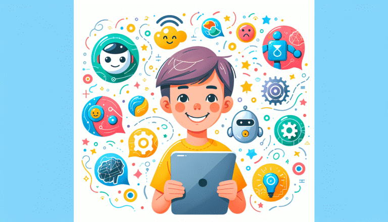 Un enfant souriant utilisant une tablette, avec des icônes d'IA flottant autour, style dessin animé coloré et optimiste