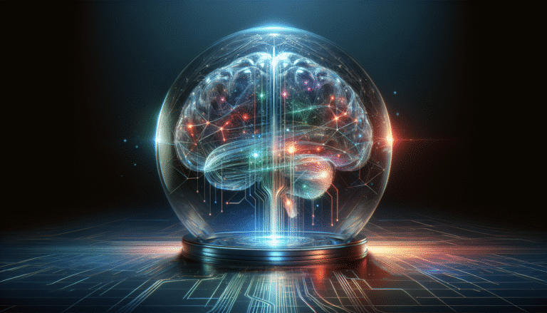 Illustration stylisée d'un cerveau transparent en verre, traversé par des flux de données lumineux. Ambiance mystérieuse et technologique.