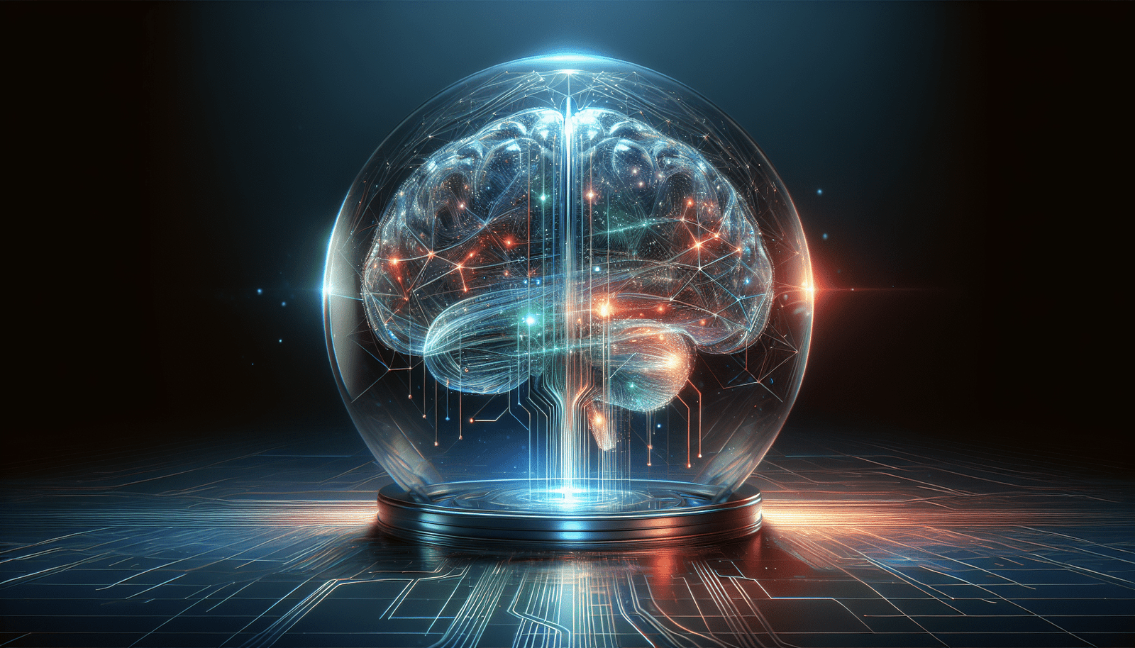 Illustration stylisée d'un cerveau transparent en verre, traversé par des flux de données lumineux. Ambiance mystérieuse et technologique.