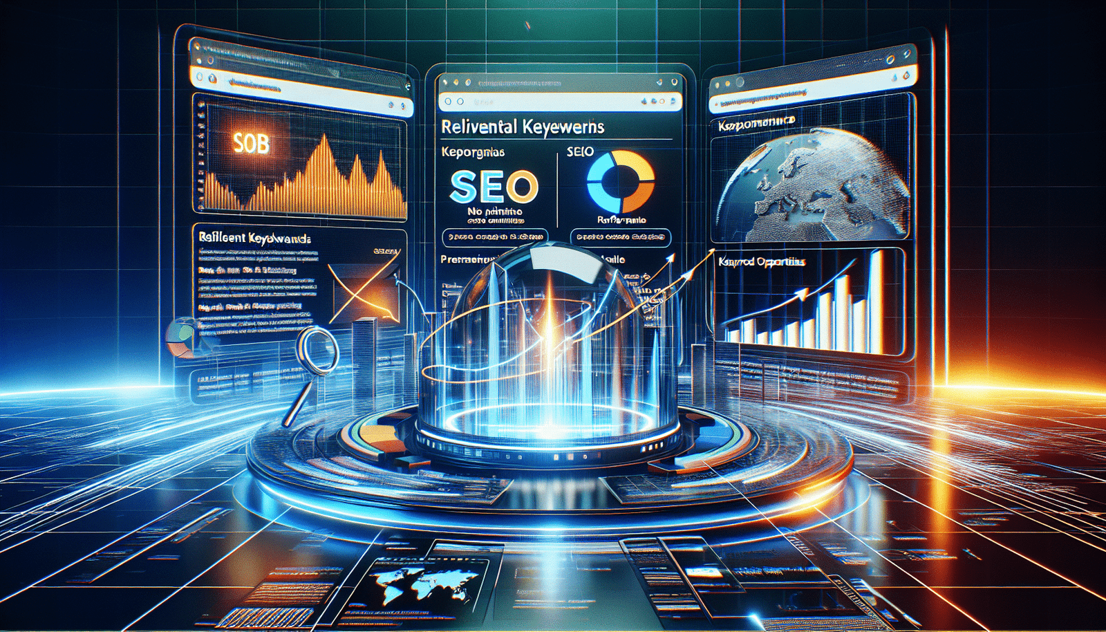 Une interface web claire et intuitive affichant des mots-clés pertinents, des analyses de données SEO et un aperçu d'un article optimisé.  Des graphiques et des courbes illustrent la performance du contenu et les opportunités de mots clés.  Ambiance technologique et performante, avec des couleurs vives et contrastées.