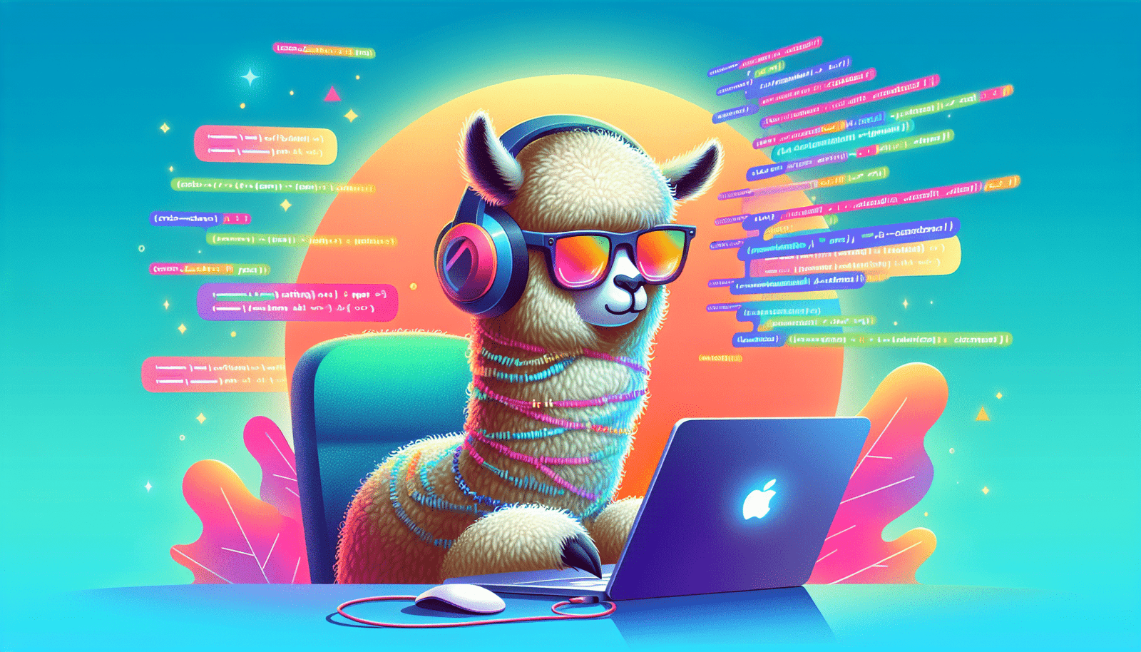 Image stylisée et colorée représentant un lama portant des lunettes de soleil et un casque audio, en train de coder sur un ordinateur portable entouré de lignes de code qui flottent dans l’air. Ambiance fun et ludique, avec un clin d'œil à l'open source.