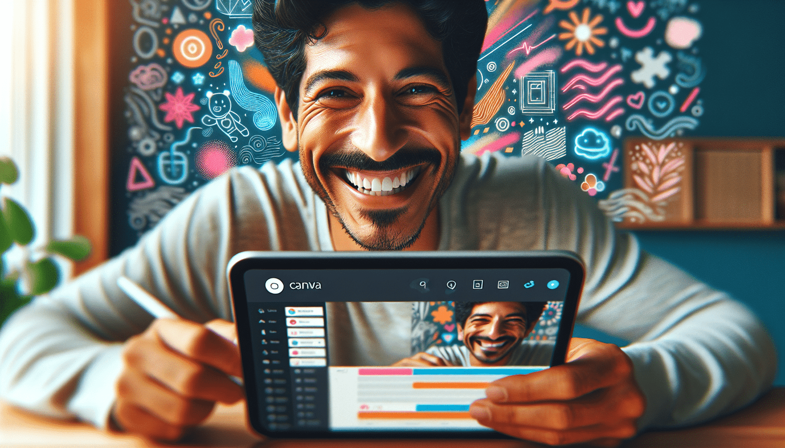 Une personne souriante utilisant Canva sur une tablette, avec des images générées par l'IA de Canva en arrière-plan. Style coloré et dynamique, ambiance joyeuse et créative. Focus sur le visage de la personne et l'interface de Canva. Résolution >1200px, format portrait optimisé Discover. Ajouter des éléments graphiques colorés autour de la tablette.