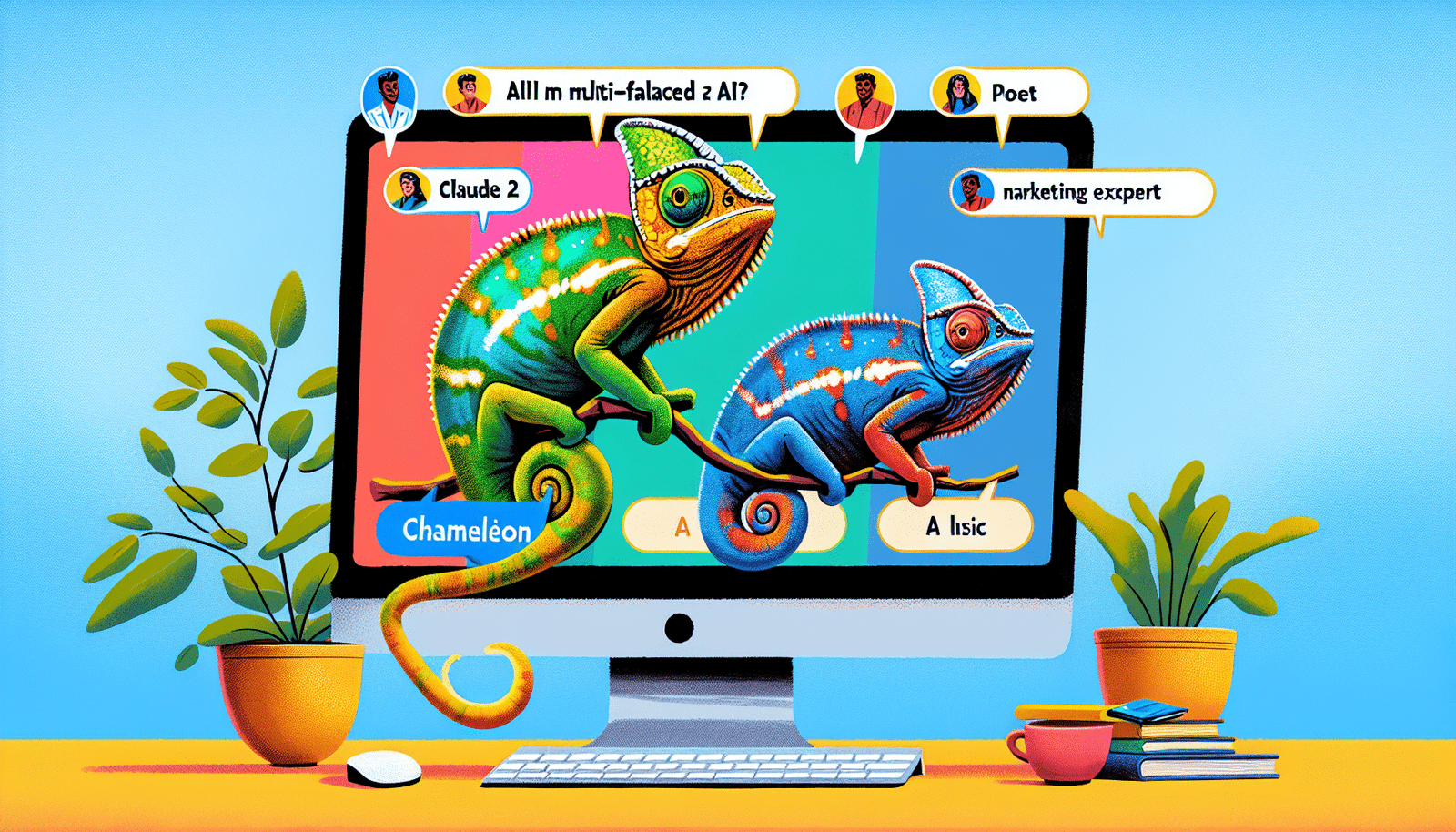 Un caméléon changeant de couleur devant un écran d'ordinateur affichant différentes interfaces de chat : un assistant personnel, un expert marketing, un poète. Style cartoon, couleurs vives et amusantes. Titre:  Claude 2, l'IA Multi-Facettes