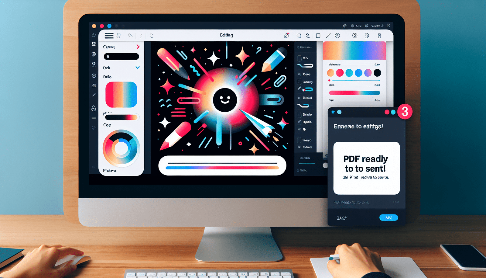 Un écran d'ordinateur affichant un éditeur PDF en ligne comme Canva ou Smallpdf, avec des outils d'édition mis en avant, couleurs vives et dynamiques, et une notification Slack "PDF prêt à être envoyé !" pour ajouter du réalisme