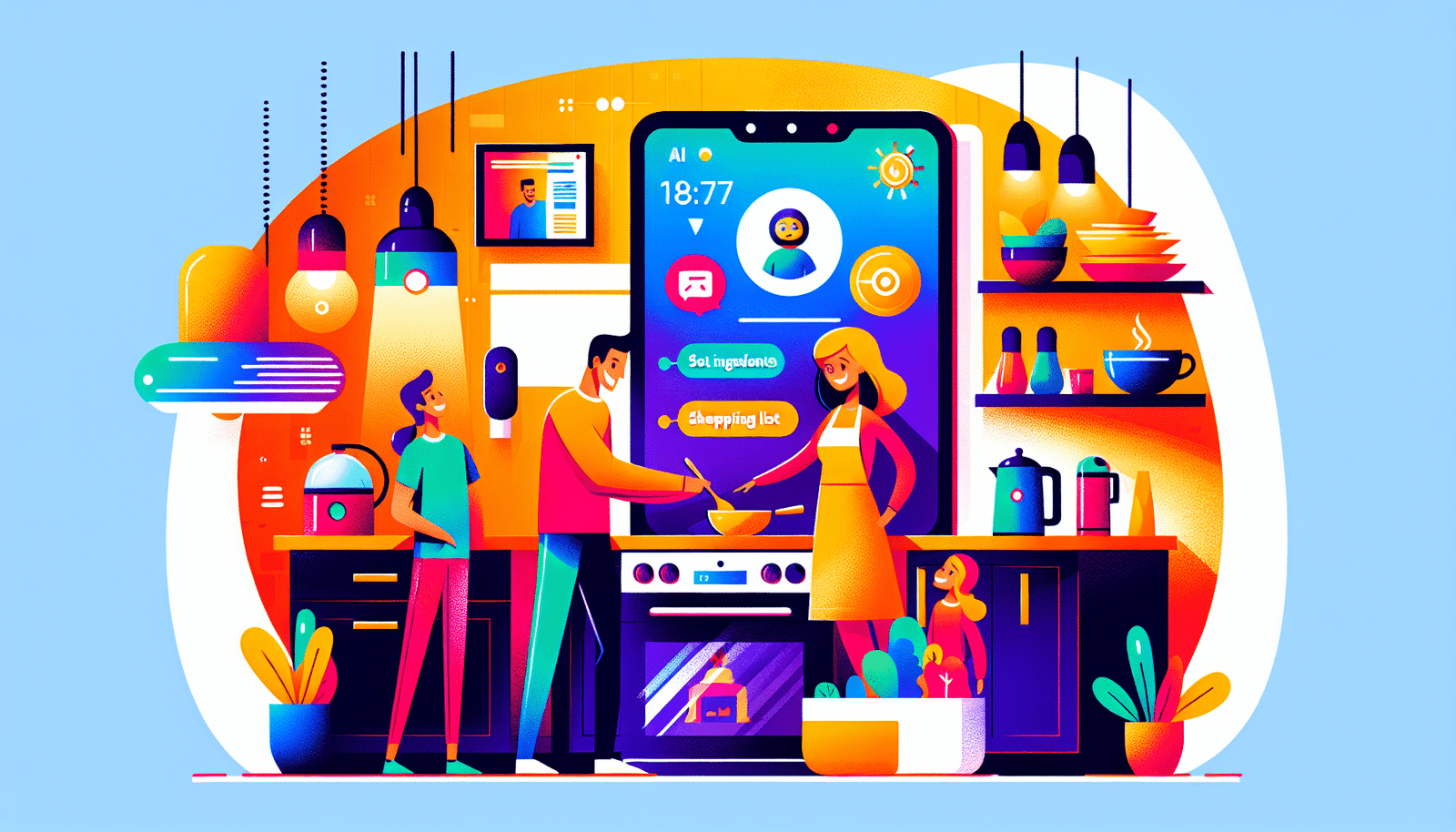 Illustration dynamique et colorée d'une famille utilisant Alexa sur un Echo Show 15 dans leur cuisine moderne. L’écran affiche une recette de Marmiton, tandis que la famille interagit avec Alexa pour régler la minuterie, ajouter des ingrédients à leur liste de courses et jouer de la musique sur Amazon Music.  On voit des appareils connectés comme des ampoules intelligentes Wiz et une cafetière connectée Behmor. Style Discover : image chaleureuse, familiale et conviviale.
