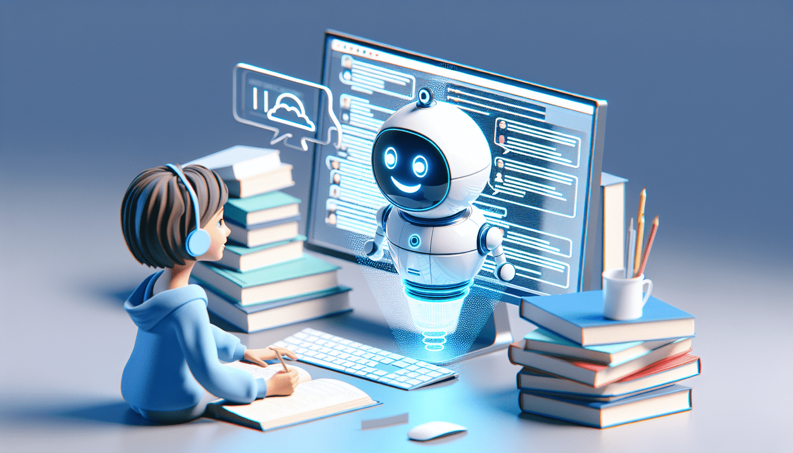 Un chatbot souriant sur un écran d'ordinateur, en conversation avec un enfant qui fait ses devoirs, style illustration 3D moderne