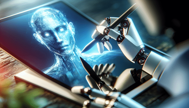 Une main robotique tenant un stylet, esquissant un portrait flou d'un humain sur une tablette graphique, style art digital vibrant et futuriste, avec des reflets sur l'écran.