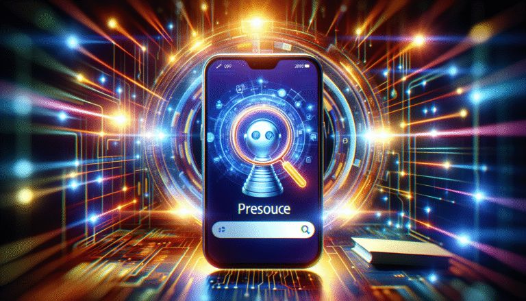 visuel Discover >1200px, Un smartphone affichant une recherche Google avec des résultats enrichis par l'IA, le tout dans une ambiance lumineuse et futuriste, symbolisant l'accès facile et intelligent à l'information.