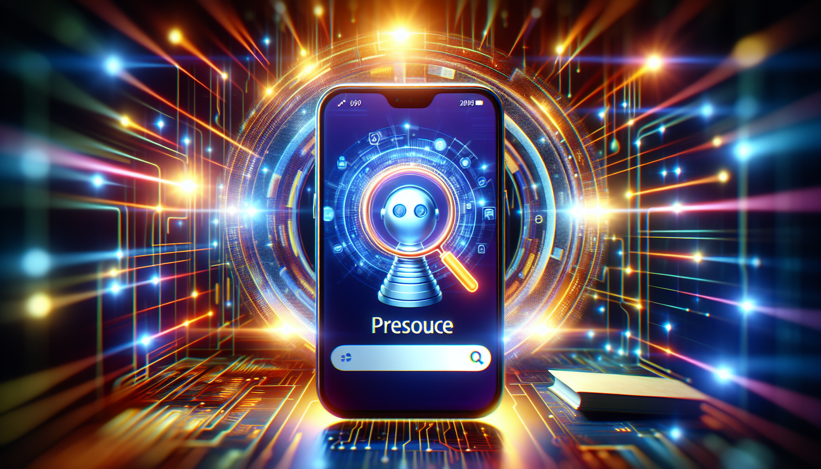 visuel Discover >1200px, Un smartphone affichant une recherche Google avec des résultats enrichis par l'IA, le tout dans une ambiance lumineuse et futuriste, symbolisant l'accès facile et intelligent à l'information.