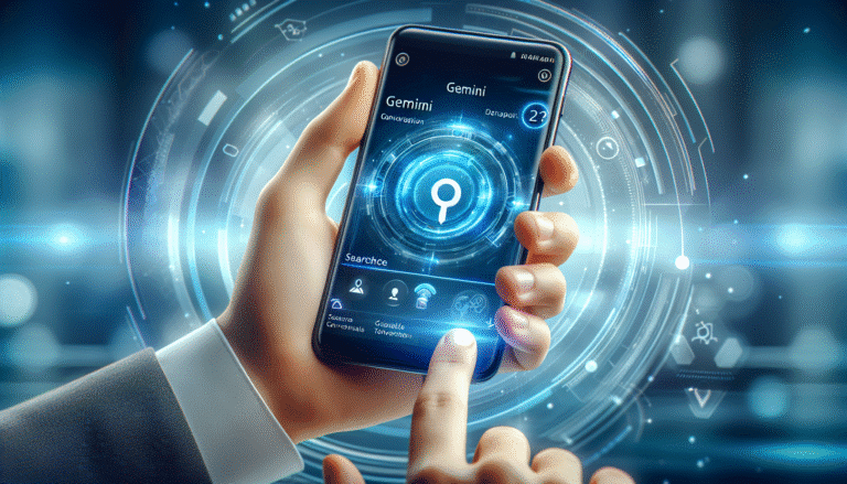 Un smartphone affichant l'interface épurée de Gemini de Google, avec une icône de recherche active et des résultats de conversation fluides, le tout sur un fond lumineux et futuriste. La main d'une personne curieuse tient le téléphone avec un regard intrigué.
