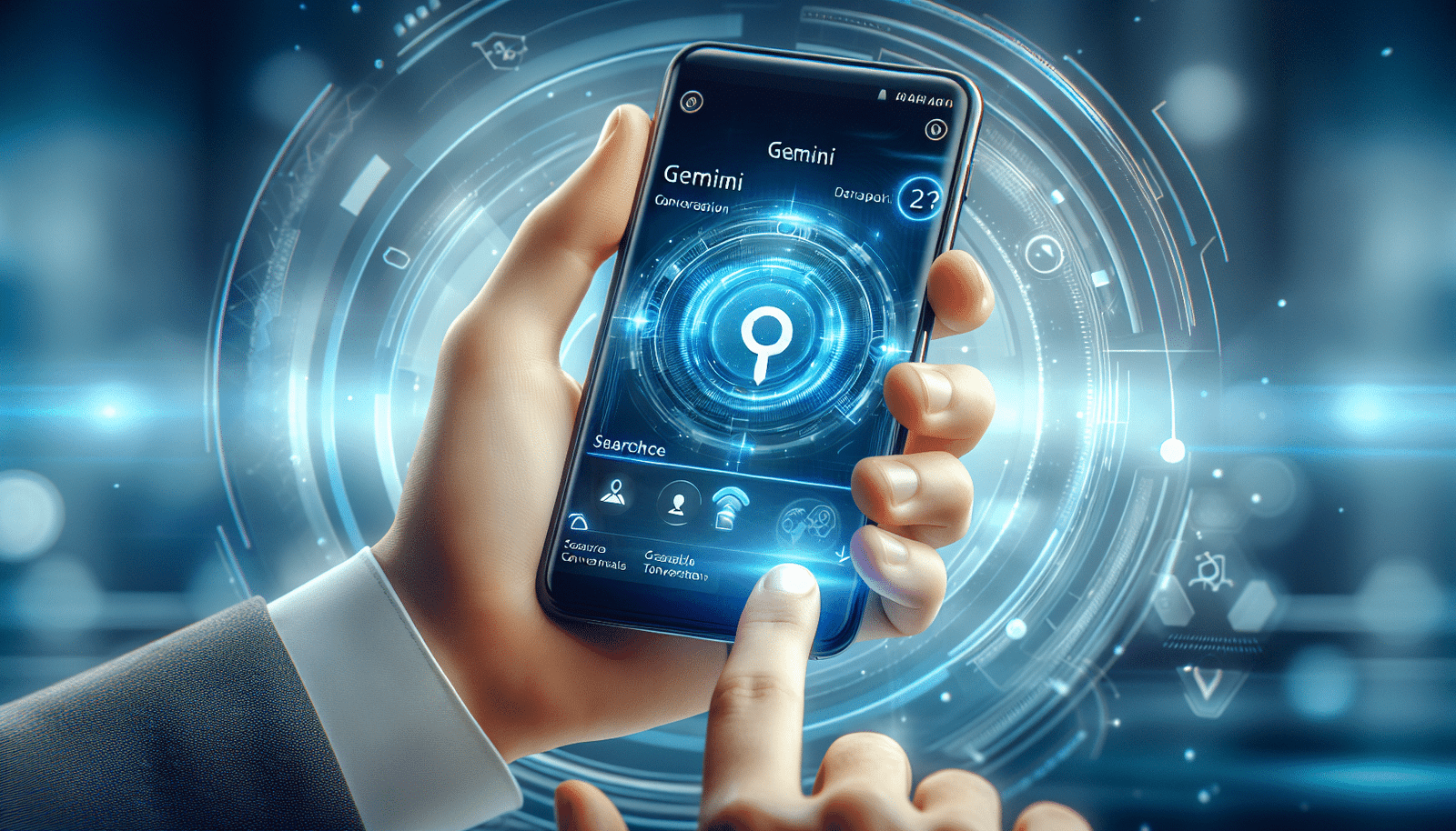 Un smartphone affichant l'interface épurée de Gemini de Google, avec une icône de recherche active et des résultats de conversation fluides, le tout sur un fond lumineux et futuriste. La main d'une personne curieuse tient le téléphone avec un regard intrigué.