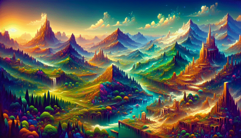 Un monde luxuriant et stylisé généré par une IA, avec des montagnes, des forêts, des rivières et des ruines anciennes. Style "breath of the wild" rencontre "Journey". Couleurs vibrantes, perspective impressionnante, effet de lumière spectaculaire, résolution >1200px