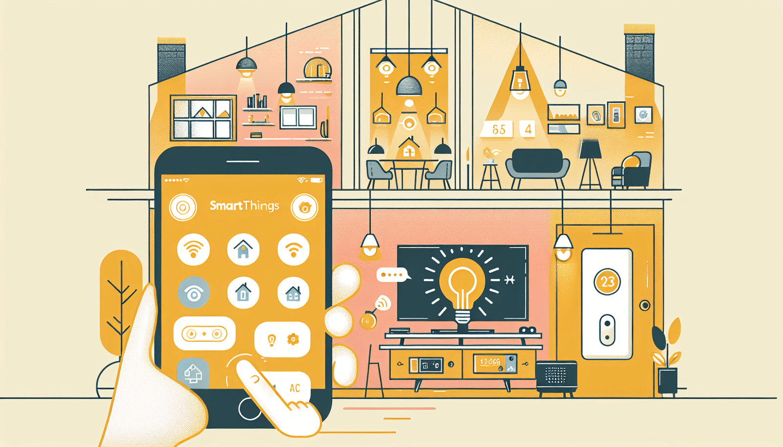 Une maison moderne avec des appareils connectés (lumières, thermostat, TV) contrôlés par l'application SmartThings sur un smartphone.  Ambiance chaleureuse et conviviale. Style illustration, design et minimaliste.