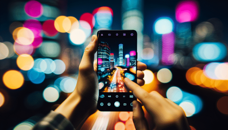 Un Galaxy S23 prenant une photo de nuit d'un paysage urbain lumineux et coloré, avec un léger effet bokeh. Style photographique, vibrant et moderne.