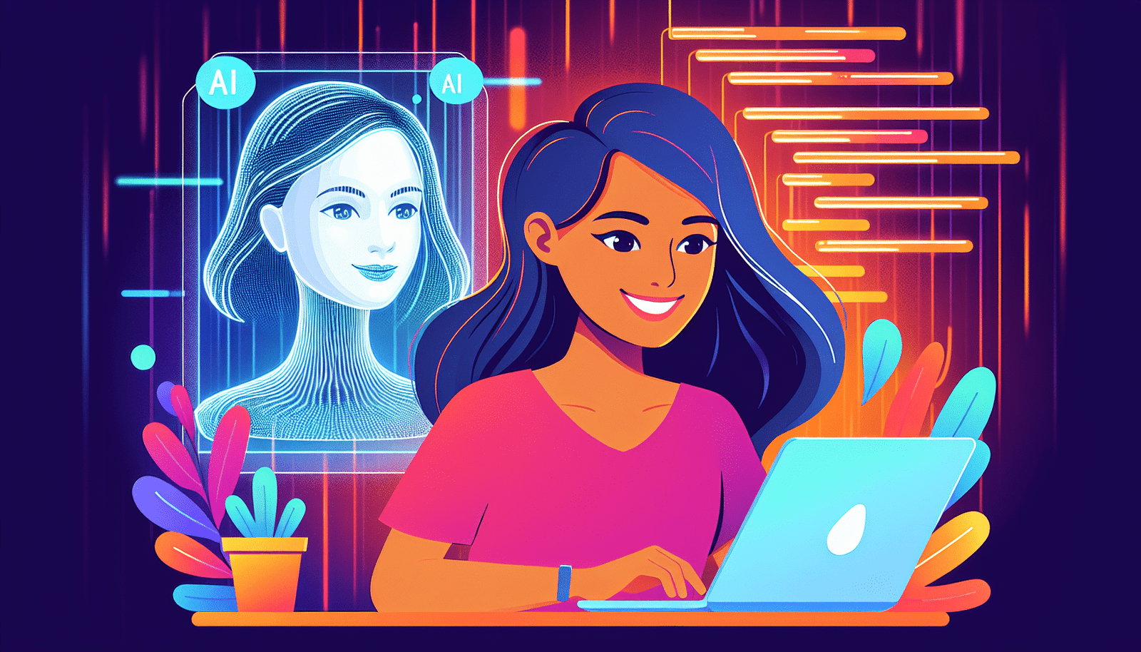 Illustration stylisée et vibrante d'un développeur souriant, tapant du code sur son ordinateur portable avec GitHub Copilot suggérant des lignes de code en arrière-plan. Ambiance futuriste et optimiste, avec un focus sur la collaboration humain-IA.