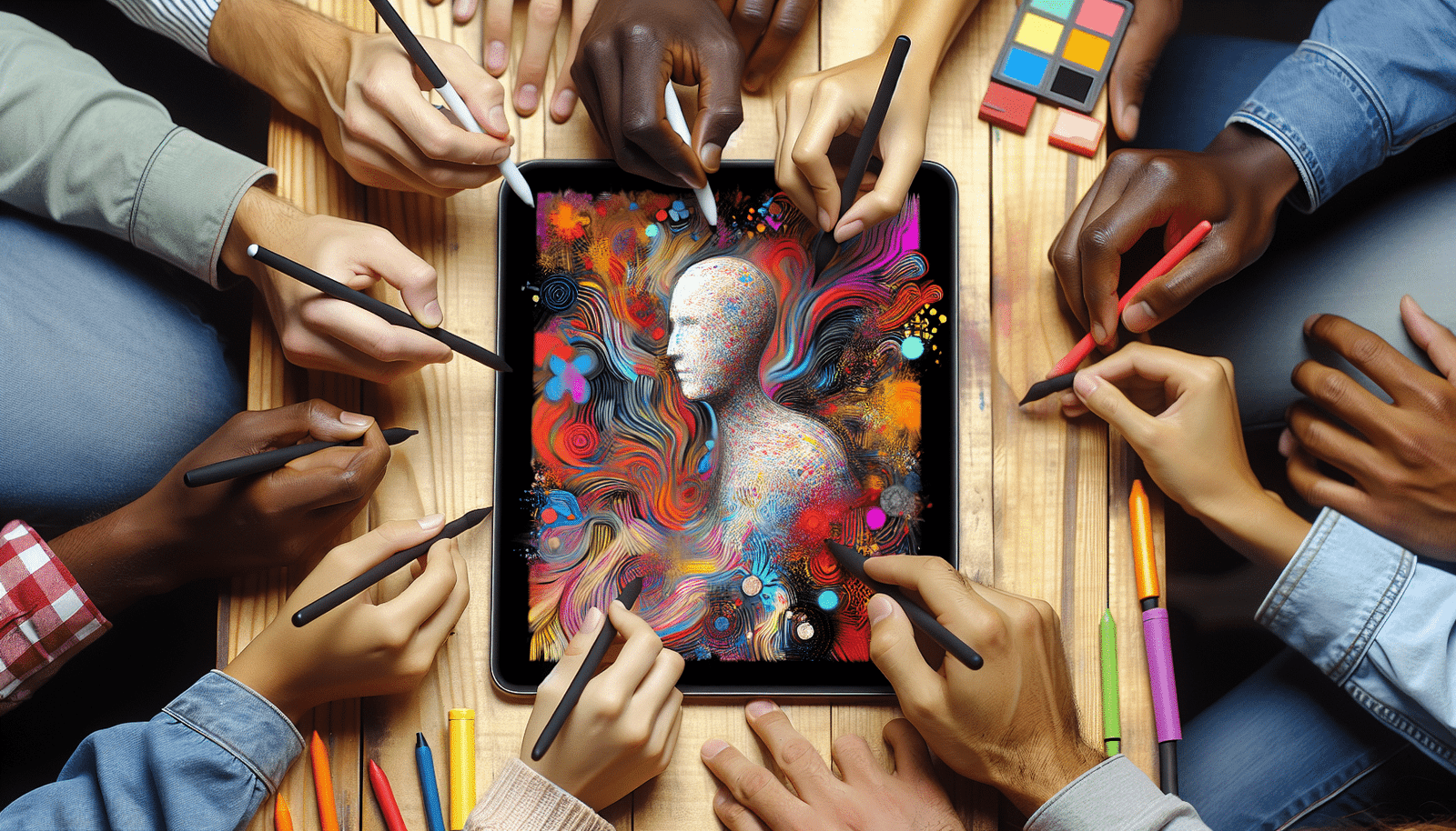 Une tablette affichant une image générée par une IA, colorée et abstraite, avec un stylet en train de la retoucher, le tout dans une ambiance créative et joyeuse.