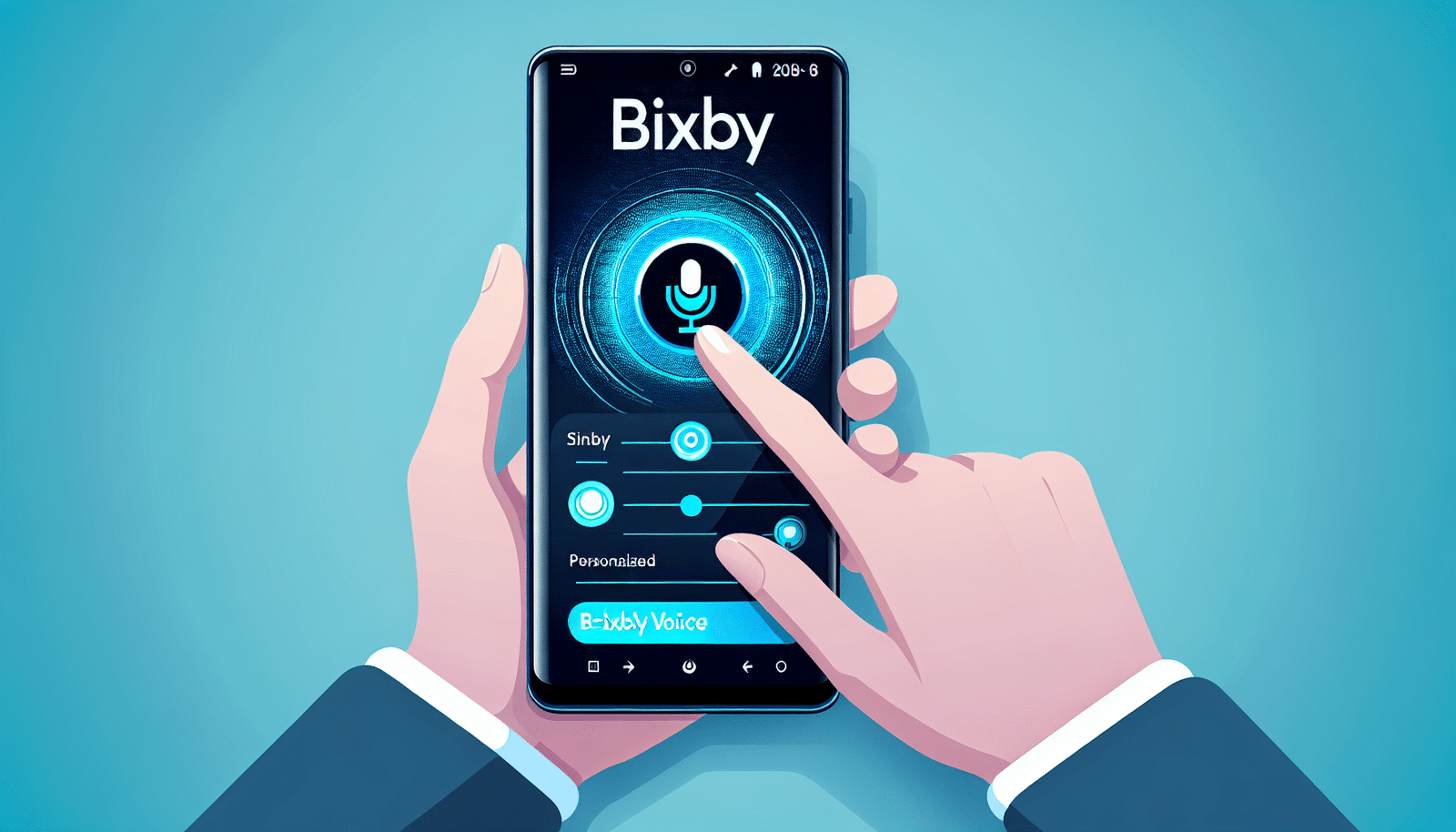 Une main utilisant Bixby Voice sur un smartphone Samsung, avec une interface utilisateur claire et intuitive affichant des suggestions personnalisées. Style illustration vectorielle, moderne et épuré.