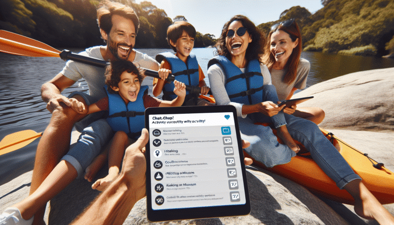 Une famille s'amusant lors d'une activité en plein air (kayak, randonnée, visite d'un musée…). Sur une tablette posée sur un rocher, on voit une liste d'activités suggérées par ChatGPT avec des descriptions et des horaires. Style photo dynamique et inspirant, résolution >1200px.