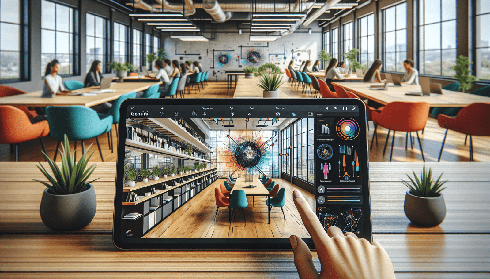Une tablette affichant Gemini en train d'analyser une image et d'en générer une description détaillée avec des annotations. Ambiance dynamique et moderne, type espace de coworking.
