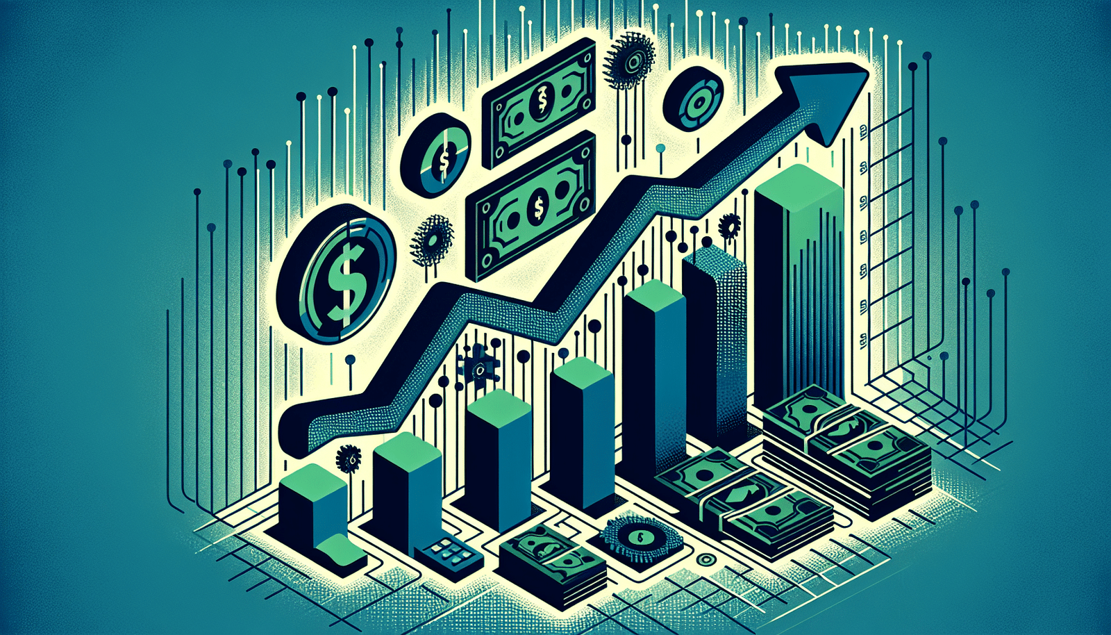 Un graphique stylisé en forme de barre ascendante ou une courbe de croissance montrant une augmentation significative des économies, avec des éléments visuels symbolisant des billets de banque et des algorithmes, dans des tons de vert et de bleu, projetant une image de prospérité et d'optimisation.