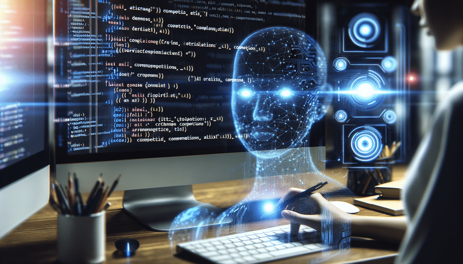 Un écran d'ordinateur affichant des lignes de code avec une interface d'IA suggérant des complétions et des corrections, dans une ambiance futuriste et dynamique.